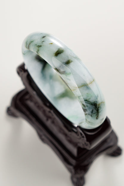 #0277 Green Yellow Black Flower Jade Bangle Size 59.5