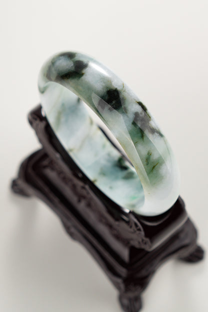 #0277 Green Yellow Black Flower Jade Bangle Size 59.5
