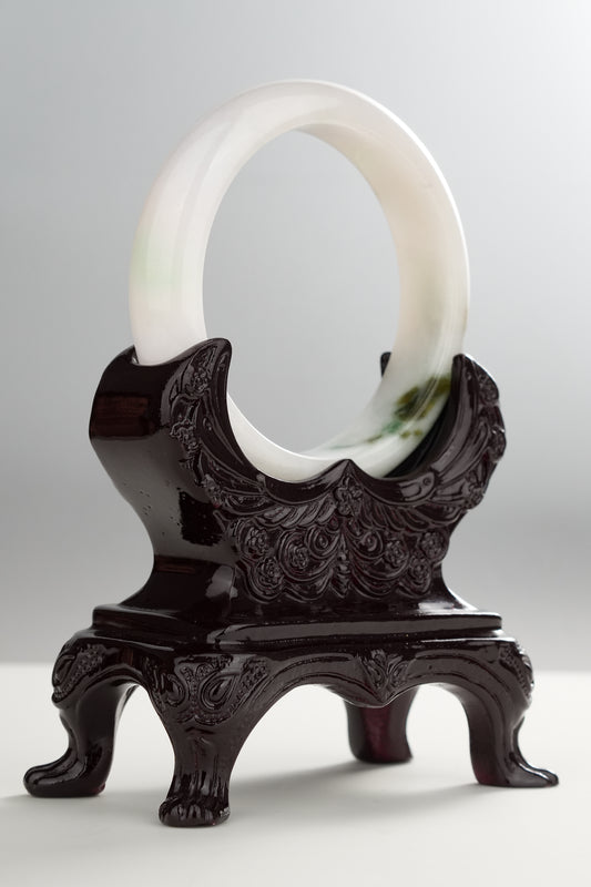 #0272 White Yellow Flower Green Jade Bangle Size 55.3