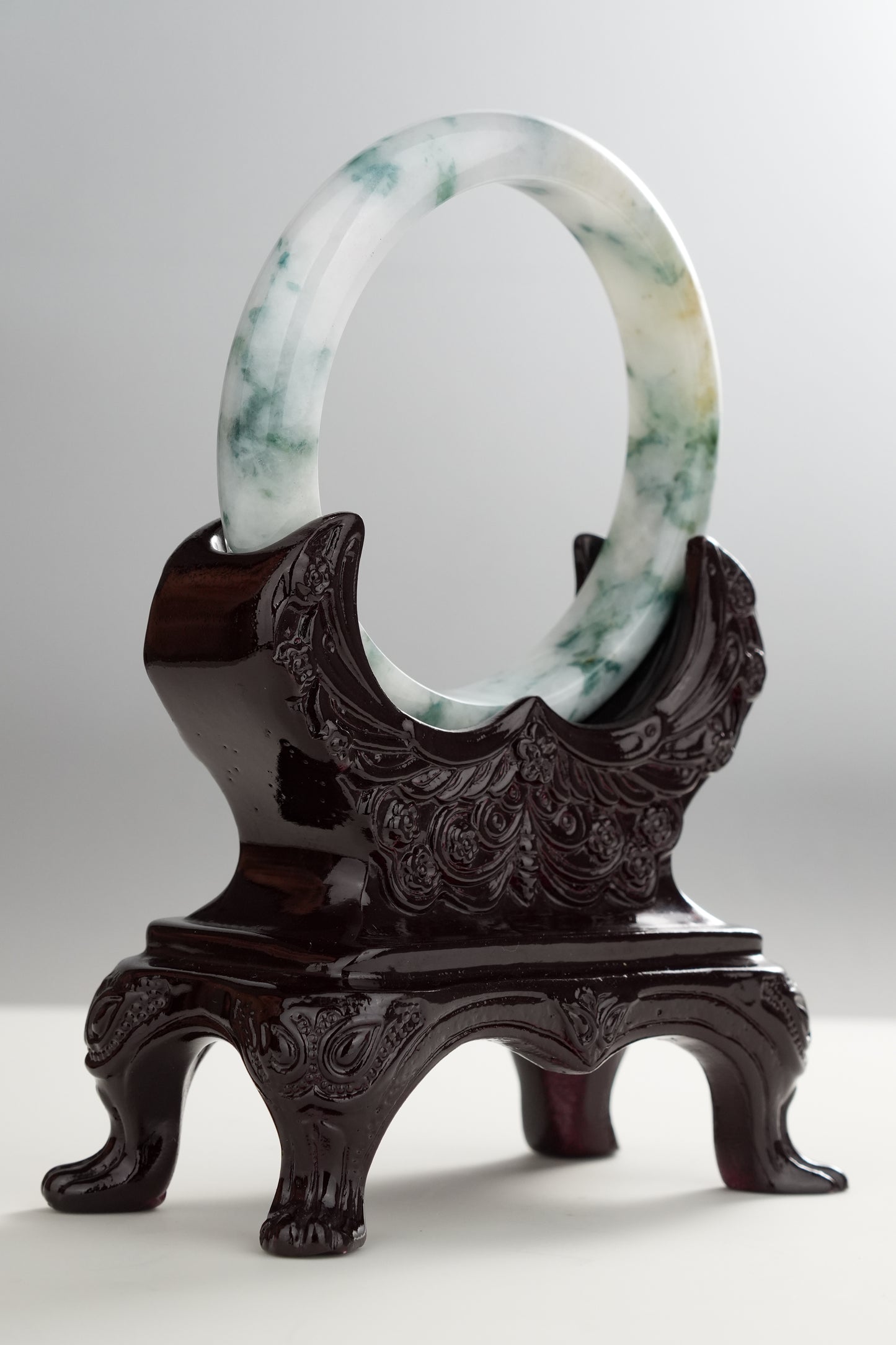 #0276 Bluish Green Flower Jade Bangle Size 57.3