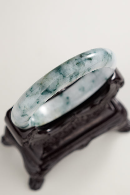 #0276 Bluish Green Flower Jade Bangle Size 57.3