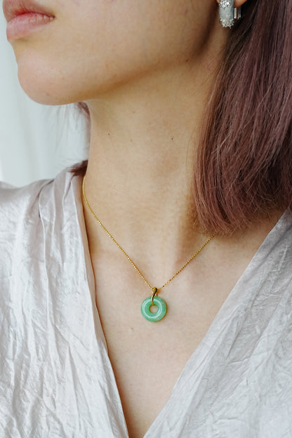 #0429 "Ping An Kou" Vivid Green Jadeite Jade Mini Donut 18K Yellow Gold Pendant