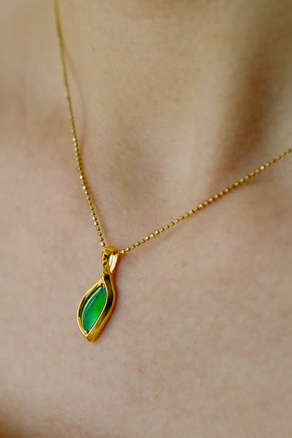 #0426 "Leaf" Highly Icy Bright Sun Green Jadeite Jade 18K Yellow Gold Pendant