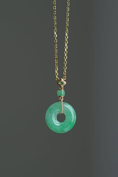 #0434 "Bi" Icy Bright Sun Green Jadeite Jade Donut 18K Yellow Gold VS Diamonds Pendant