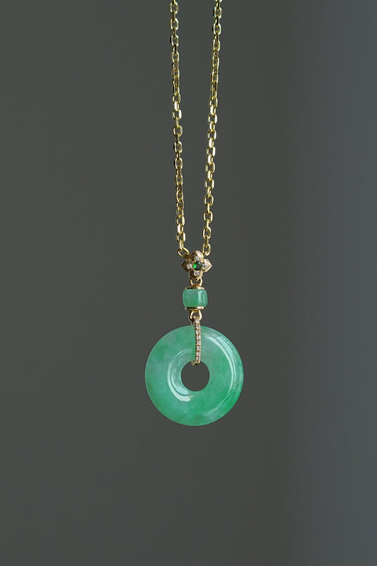#0434 "Bi" Icy Bright Sun Green Jadeite Jade Donut 18K Yellow Gold VS Diamonds Pendant
