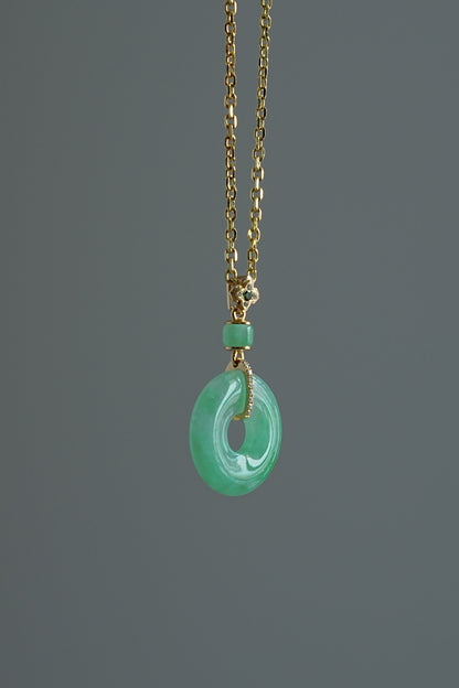#0434 "Bi" Icy Bright Sun Green Jadeite Jade Donut 18K Yellow Gold VS Diamonds Pendant