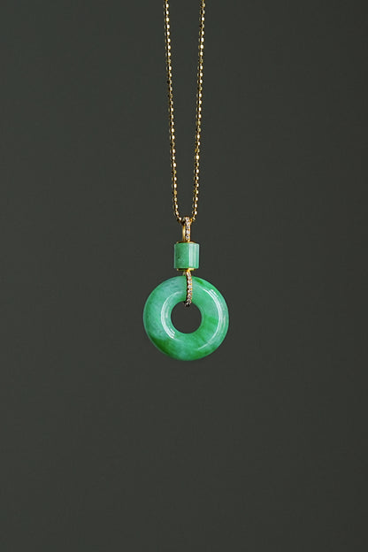 #0436 "Ping An Kou" Vivid Green Jadeite Jade Donut 18K Yellow Gold VS Diamonds Pendant