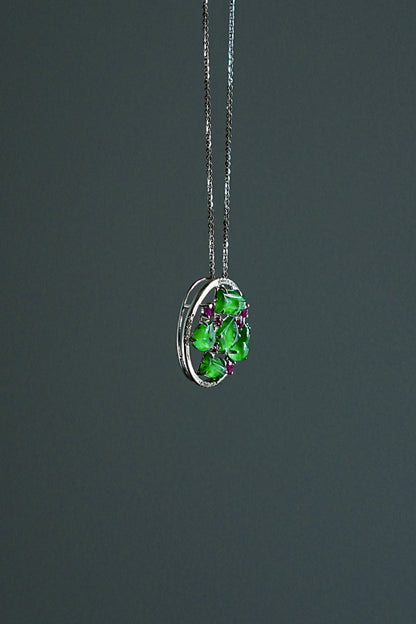 #0441 "Treasure Bowl" Icy Vivid Green Jadeite Jade 18K White Gold Pendant