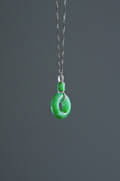 #0440 "Ping An Kou" Vivid Green Jadeite Jade Donut 18K White Gold Pendant