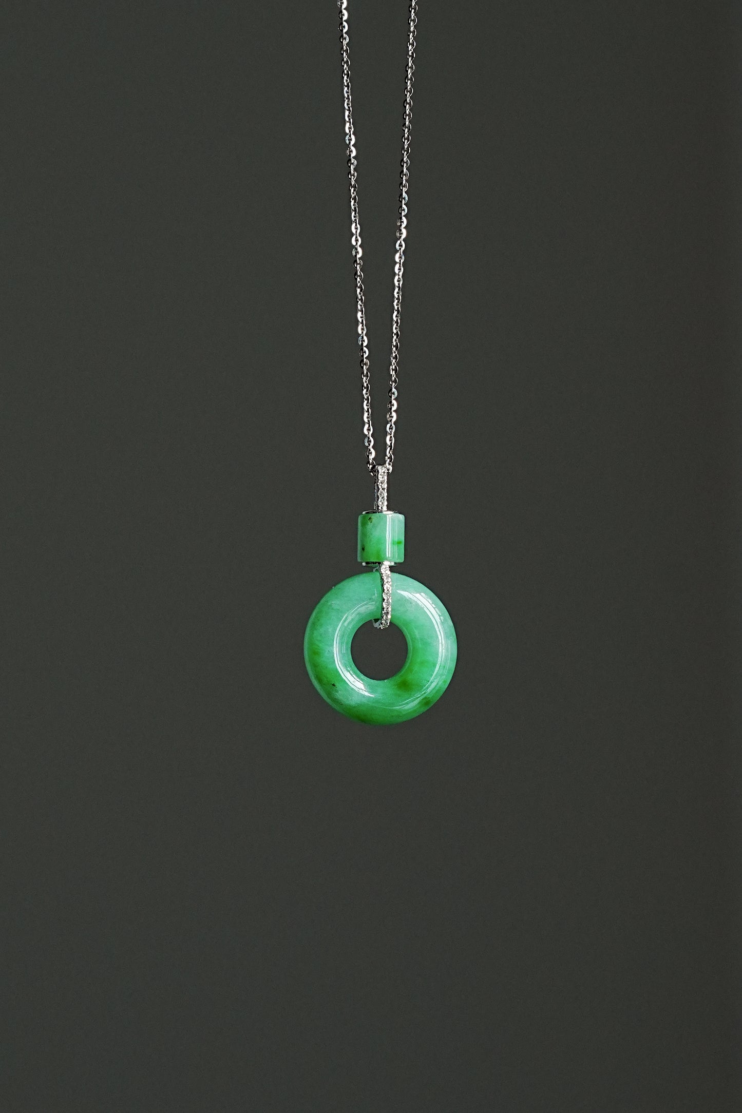#0440 "Ping An Kou" Vivid Green Jadeite Jade Donut 18K White Gold Pendant