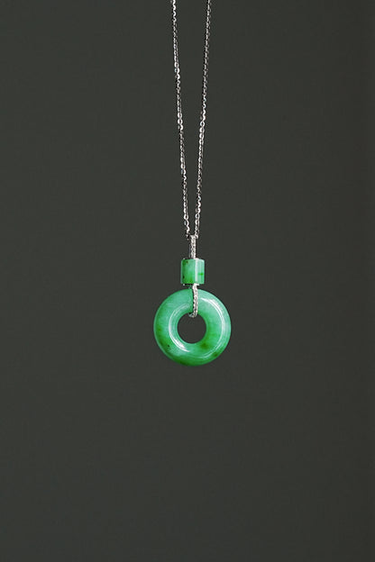 #0440 "Ping An Kou" Vivid Green Jadeite Jade Donut 18K White Gold Pendant