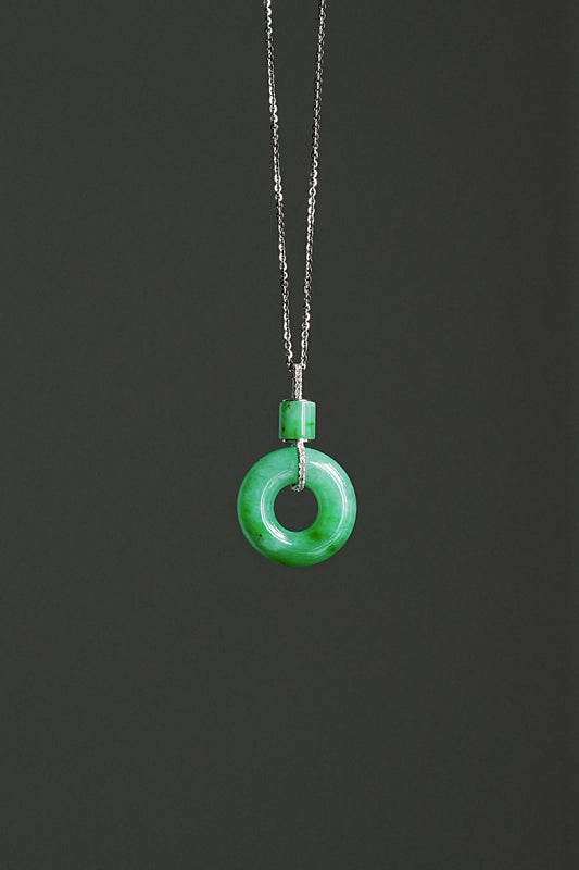 #0440 "Ping An Kou" Vivid Green Jadeite Jade Donut 18K White Gold Pendant