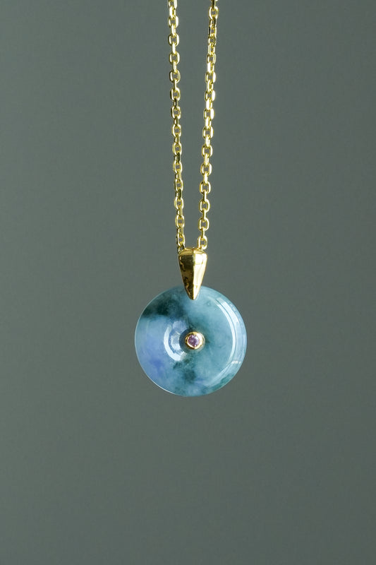 #0448 "Ping An Kou" Icy Monet Lavender & Green Jadeite Jade Donut 18K Yellow Gold Pendant