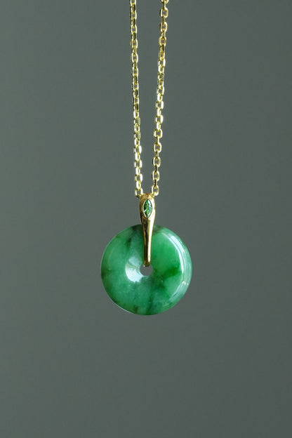 #0447 "Ping An Kou" Silky Rich Green Jadeite Jade Donut 18K Yellow Gold Pendant