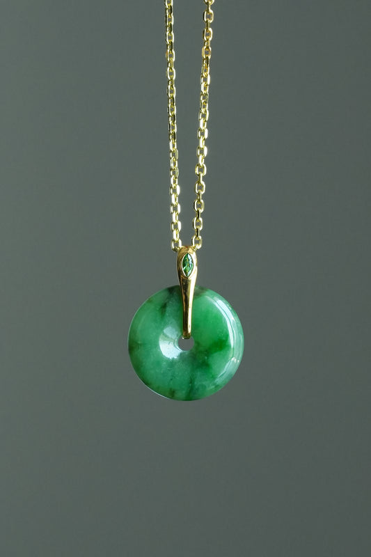 #0447 "Ping An Kou" Silky Rich Green Jadeite Jade Donut 18K Yellow Gold Pendant