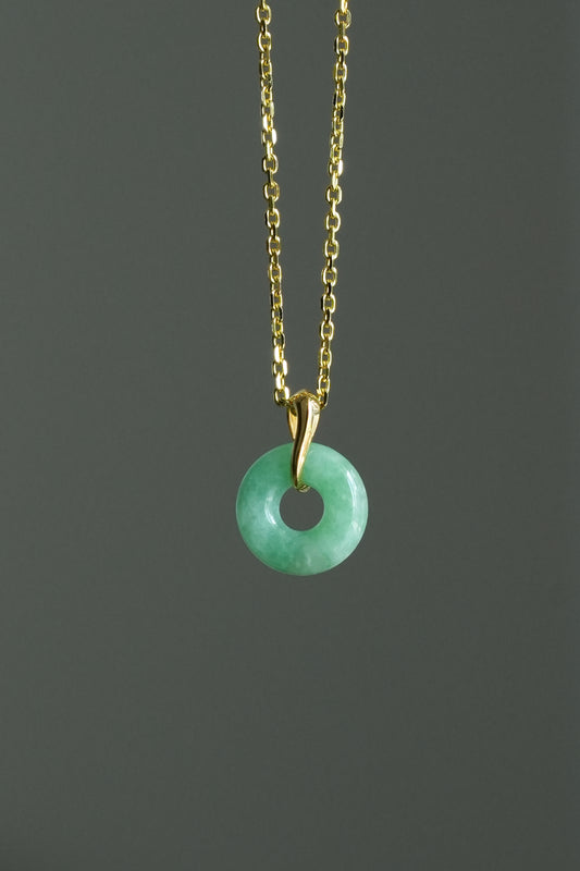#0429 "Ping An Kou" Vivid Green Jadeite Jade Mini Donut 18K Yellow Gold Pendant