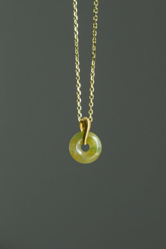 #0428 "Ping An Kou" Icy Vivid Yellow Green Jadeite Jade Mini Donut 18K Yellow Gold Pendant