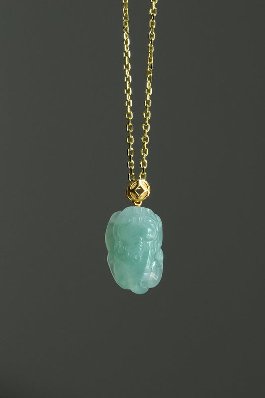 #0437 "Pixiu" Icy Apple Green Jadeite Jade 18K Yellow Gold Pendant