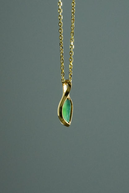 #0426 "Leaf" Highly Icy Bright Sun Green Jadeite Jade 18K Yellow Gold Pendant