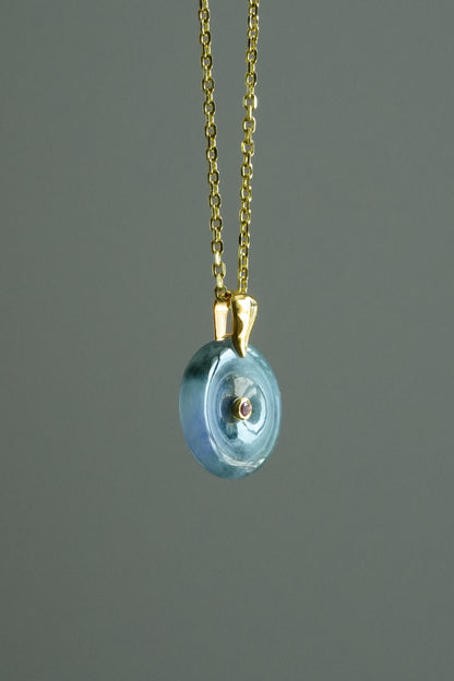 #0448 "Ping An Kou" Icy Monet Lavender & Green Jadeite Jade Donut 18K Yellow Gold Pendant