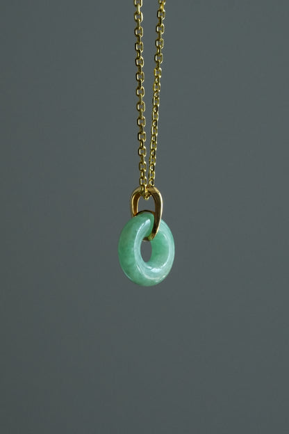 #0429 "Ping An Kou" Vivid Green Jadeite Jade Mini Donut 18K Yellow Gold Pendant