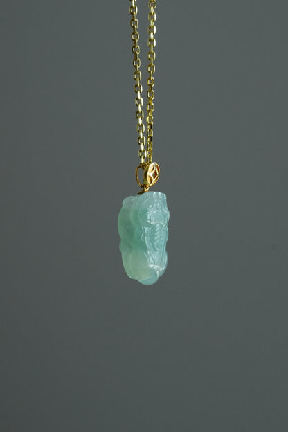 #0437 "Pixiu" Icy Apple Green Jadeite Jade 18K Yellow Gold Pendant