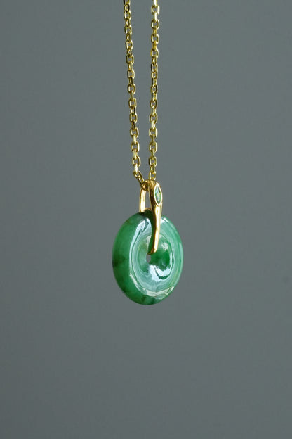 #0447 "Ping An Kou" Silky Rich Green Jadeite Jade Donut 18K Yellow Gold Pendant