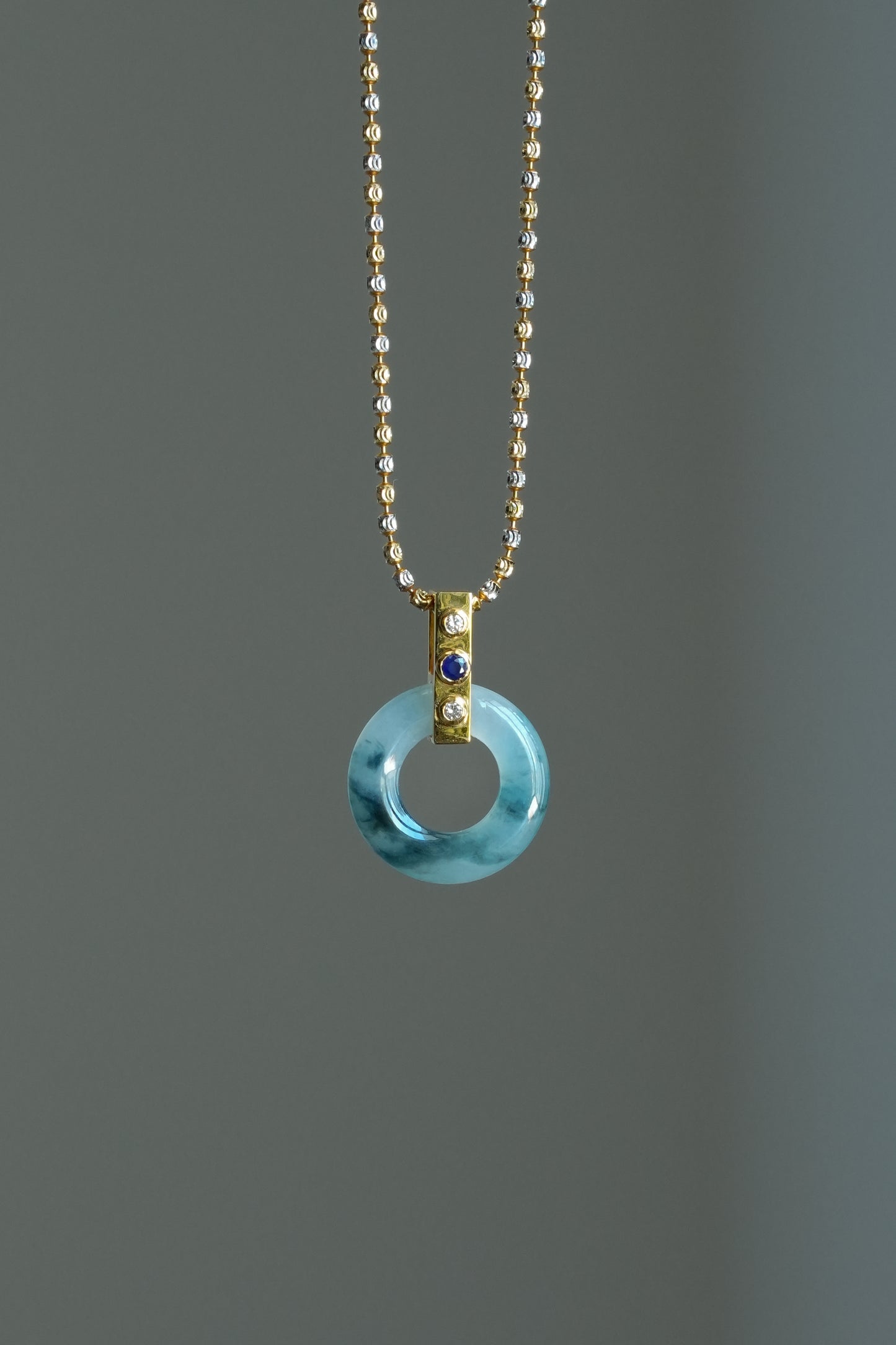 #0451 "Bi" Icy Blue Jadeite Jade Donut 18K Yellow Gold Sapphire VS Diamonds Pendant