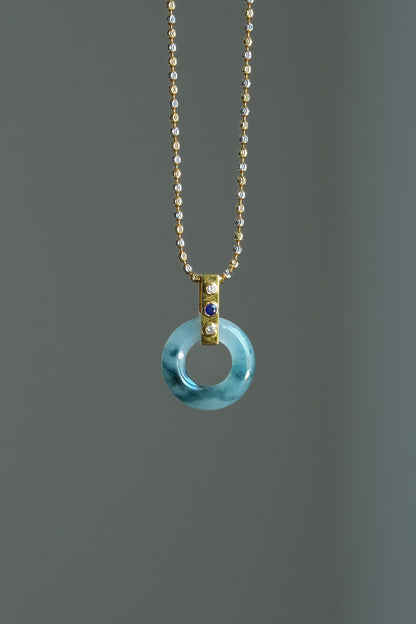 #0451 "Bi" Icy Blue Jadeite Jade Donut 18K Yellow Gold Sapphire VS Diamonds Pendant