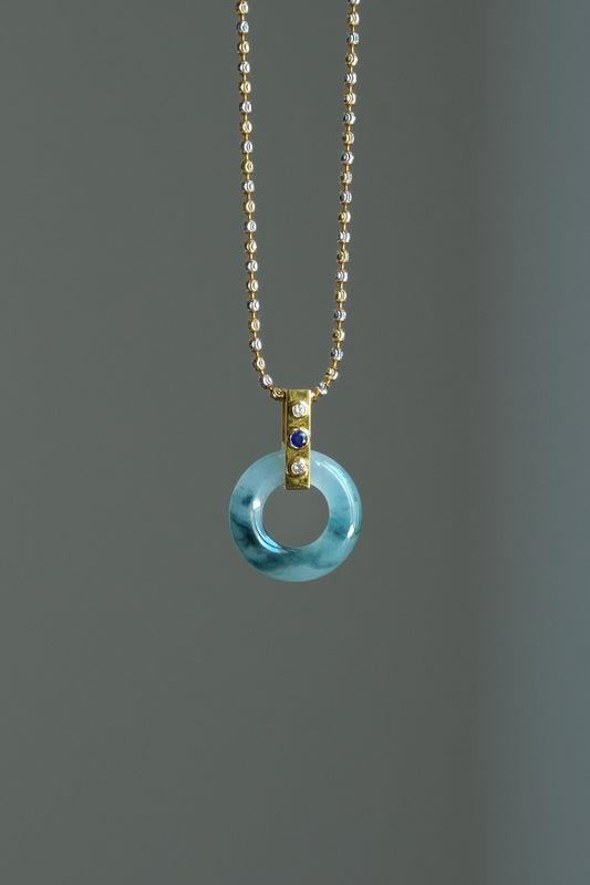 #0451 "Bi" Icy Blue Jadeite Jade Donut 18K Yellow Gold Sapphire VS Diamonds Pendant