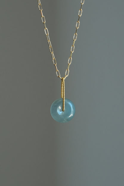 #0452 "Bi" Highly Icy Blue Jadeite Jade Donut 18K Yellow Gold Pendant
