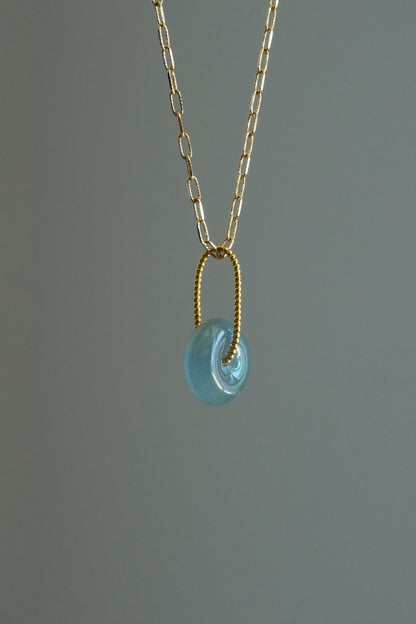 #0452 "Bi" Highly Icy Blue Jadeite Jade Donut 18K Yellow Gold Pendant
