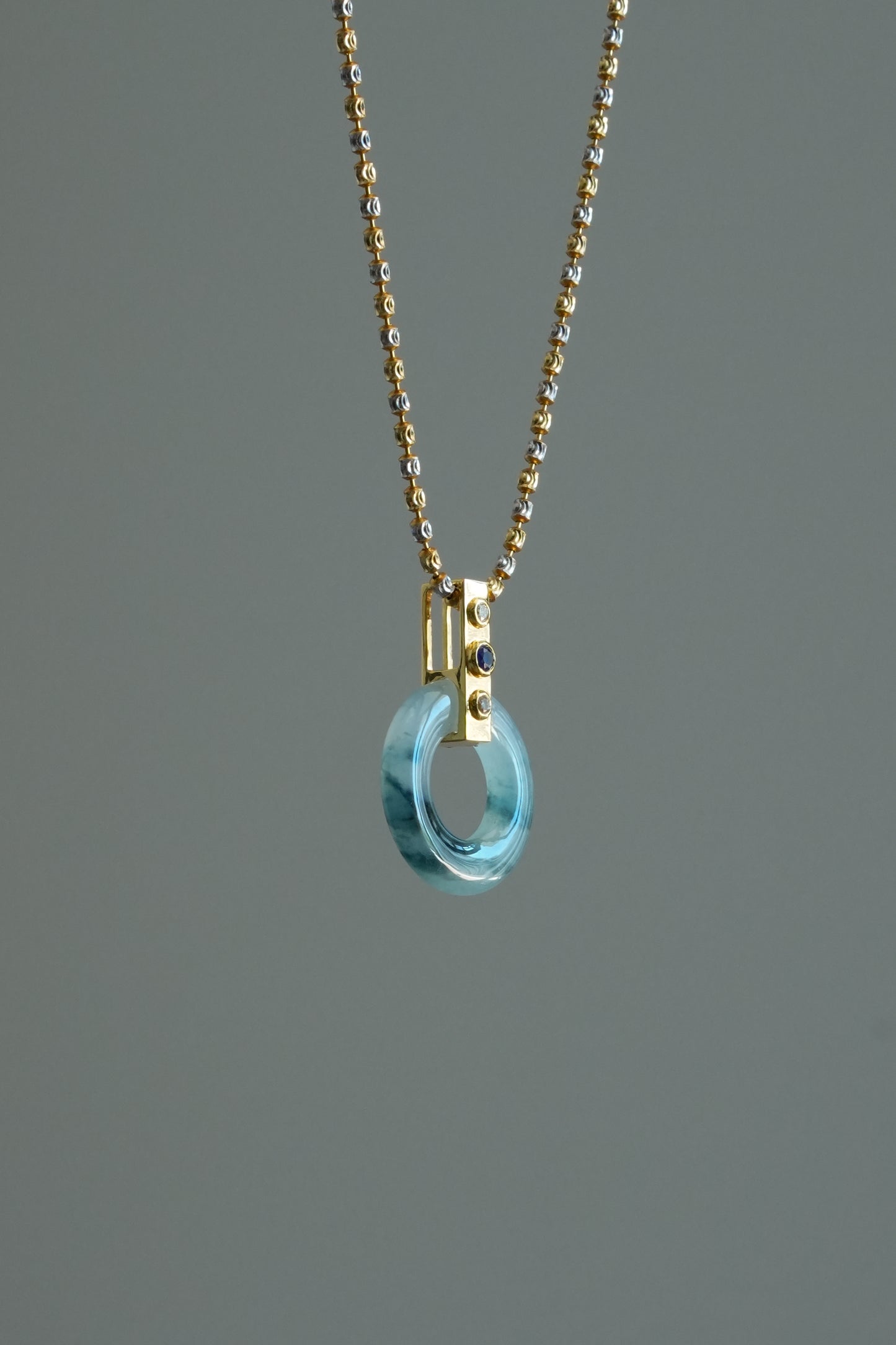 #0451 "Bi" Icy Blue Jadeite Jade Donut 18K Yellow Gold Sapphire VS Diamonds Pendant