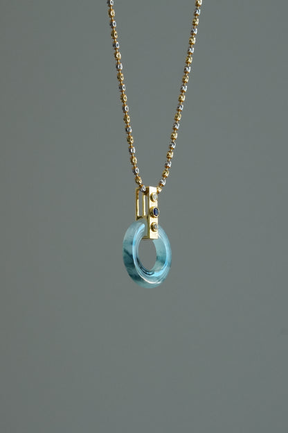 #0451 "Bi" Icy Blue Jadeite Jade Donut 18K Yellow Gold Sapphire VS Diamonds Pendant