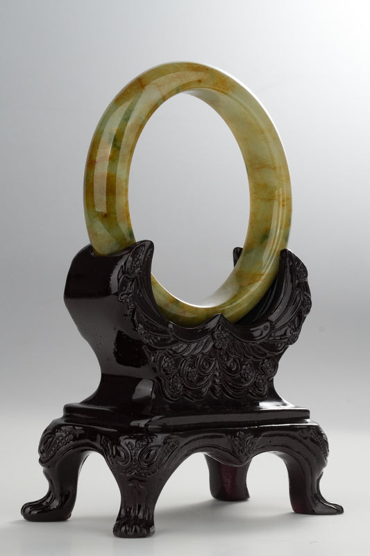 #0331 "Fall" Rich Yellow Green Flower Jade Bangle Size 58.5