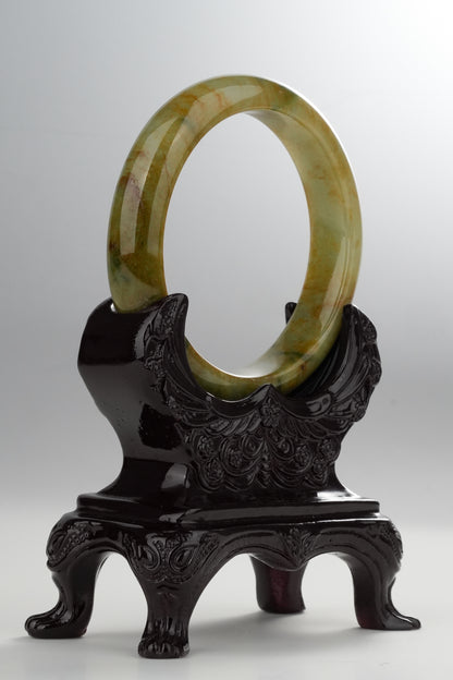 #0331 "Fall" Rich Yellow Green Flower Jade Bangle Size 58.5