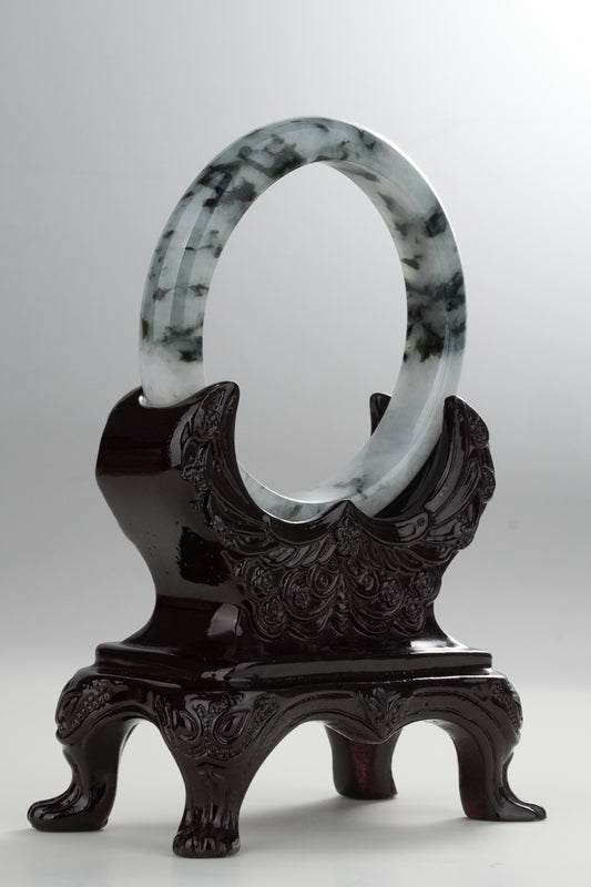#0329"Wash Drawing" Icy Ink Flower White Jade Bangle Size 57.7