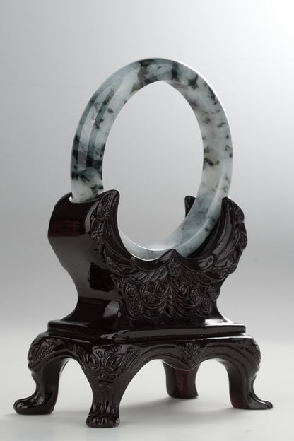 #0329"Wash Drawing" Icy Ink Flower White Jade Bangle Size 57.7
