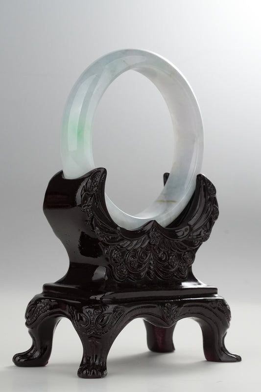 #0324 Icy White Sun Green Spot Jade Bangle Size 57.3