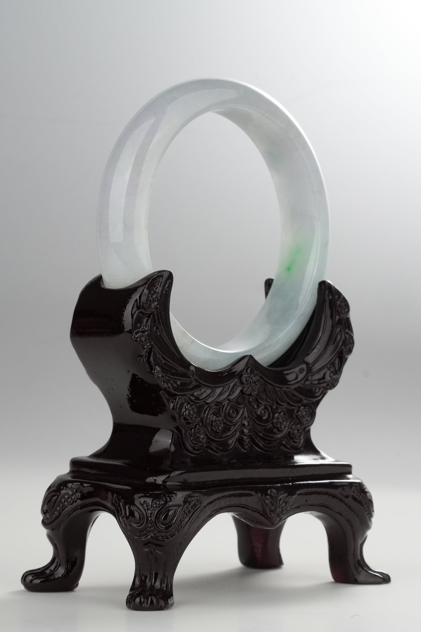 #0324 Icy White Sun Green Spot Jade Bangle Size 57.3