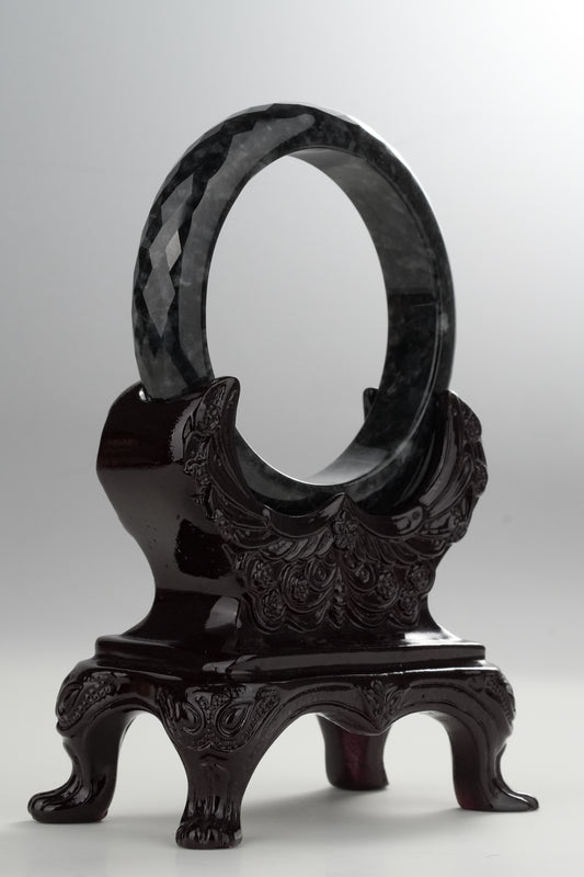 #0316 Diamond Cut Black Jade Bangle Size 57.6