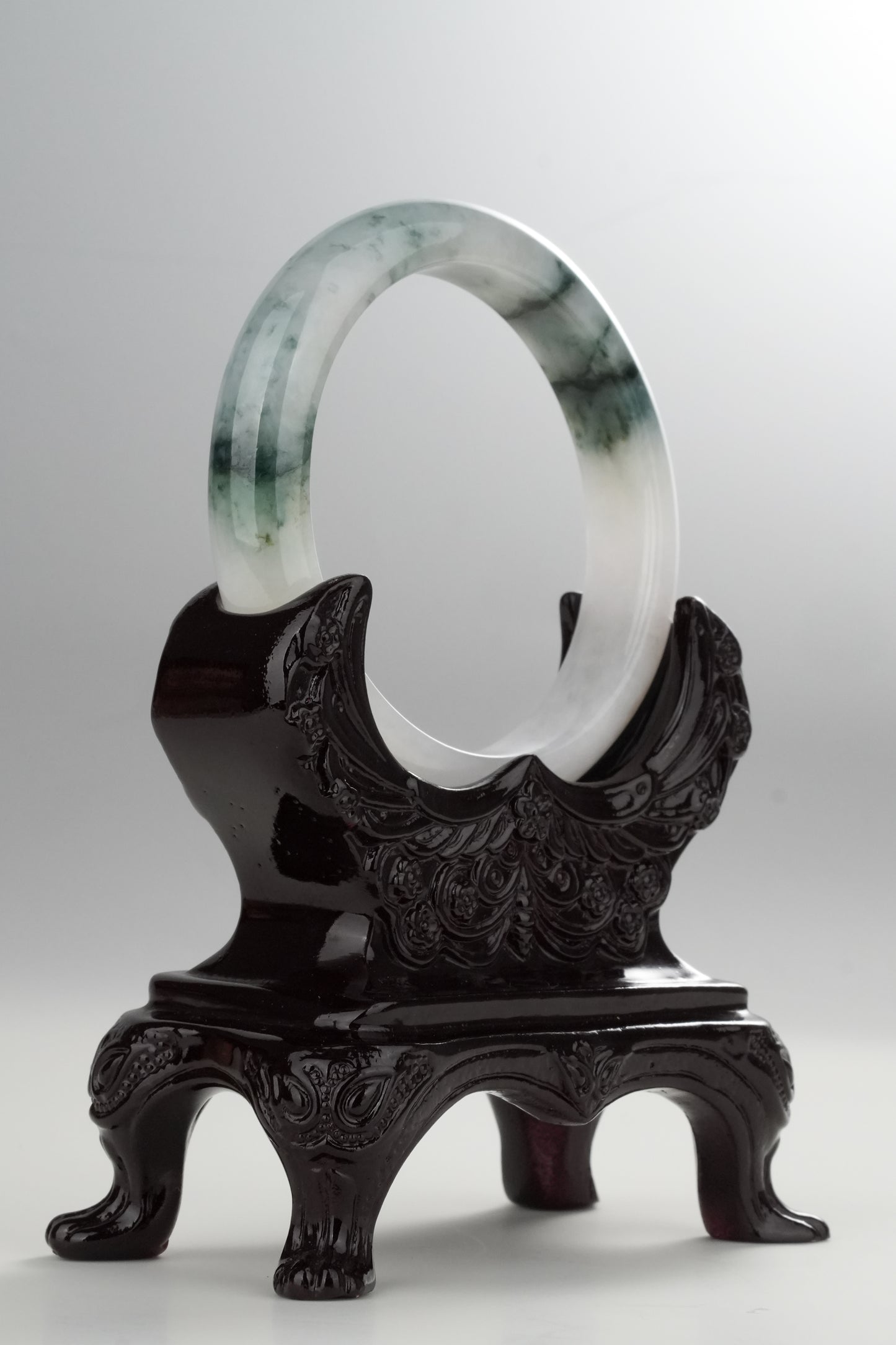 #0315 Icy Bluish Green Flower Jade Bangle Size 55.4