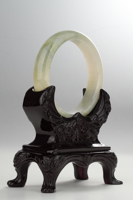 #0314 Icy Yellow Ink Green Flower Jade Bangle Size 55.6