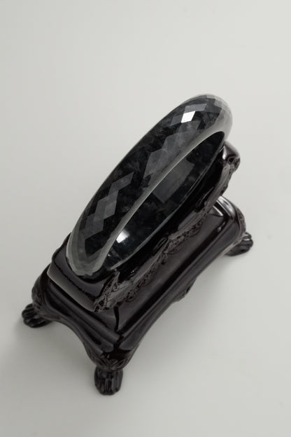 #0316 Diamond Cut Black Jade Bangle Size 57.6