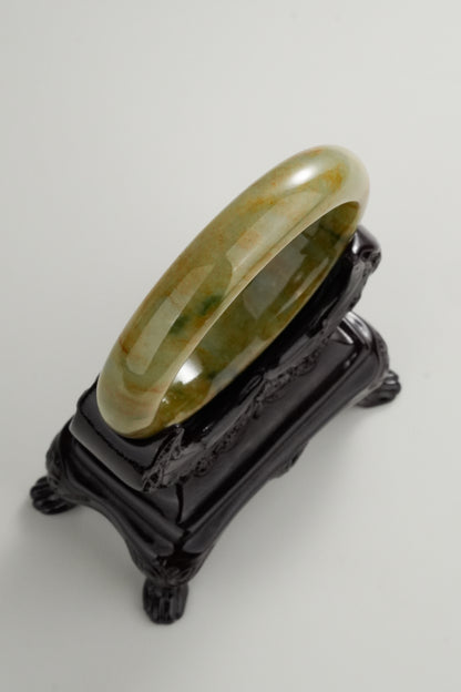 #0331 "Fall" Rich Yellow Green Flower Jade Bangle Size 58.5