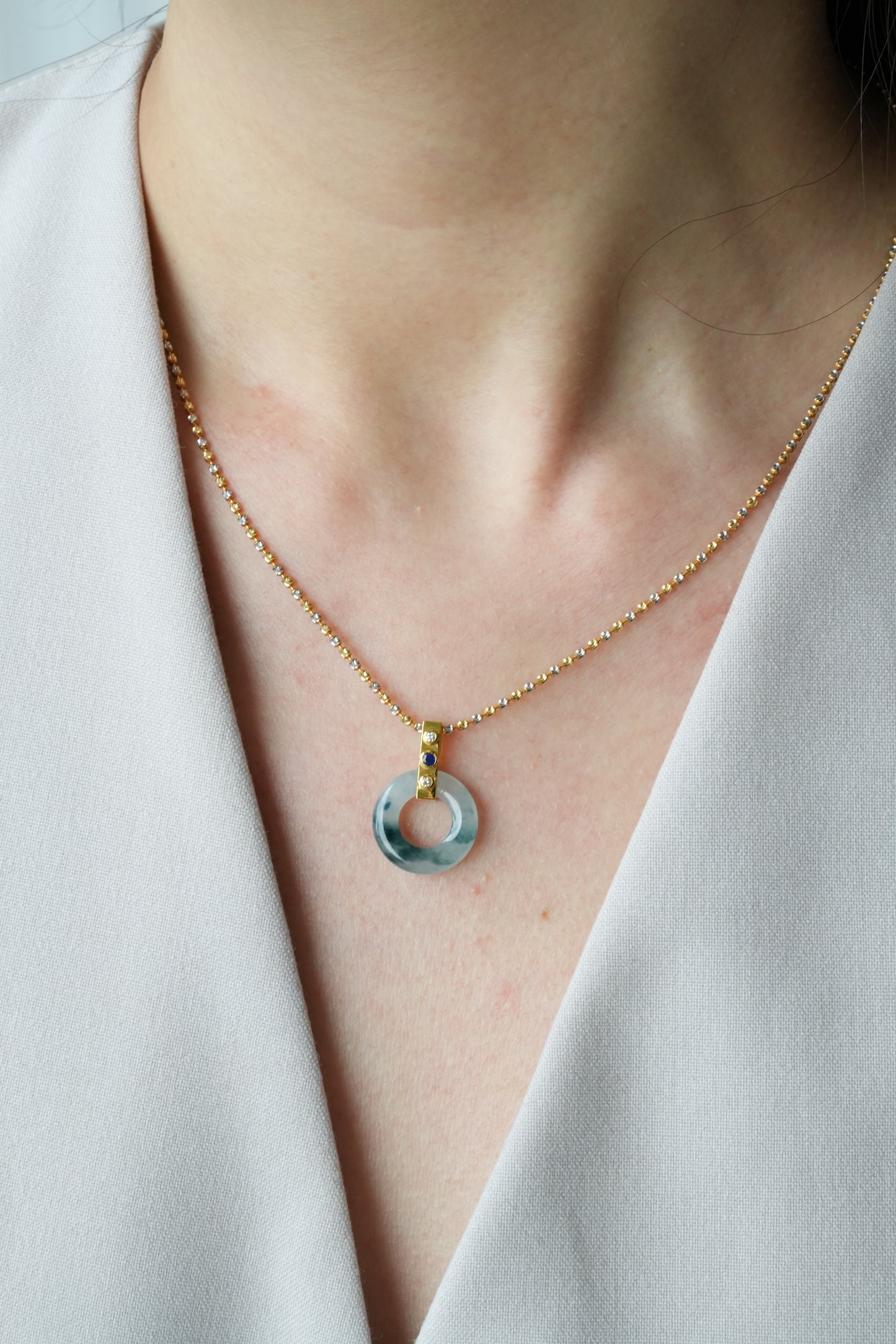 #0451 "Bi" Icy Blue Jadeite Jade Donut 18K Yellow Gold Sapphire VS Diamonds Pendant