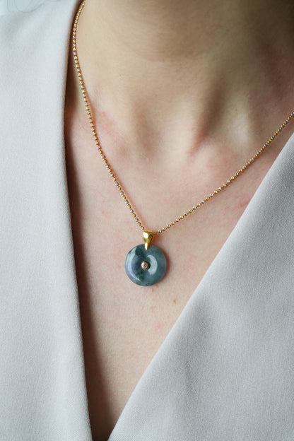#0448 "Ping An Kou" Icy Monet Lavender & Green Jadeite Jade Donut 18K Yellow Gold Pendant