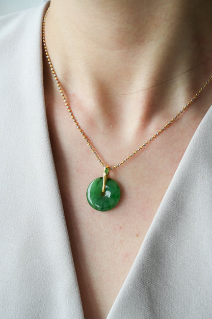 #0447 "Ping An Kou" Silky Rich Green Jadeite Jade Donut 18K Yellow Gold Pendant