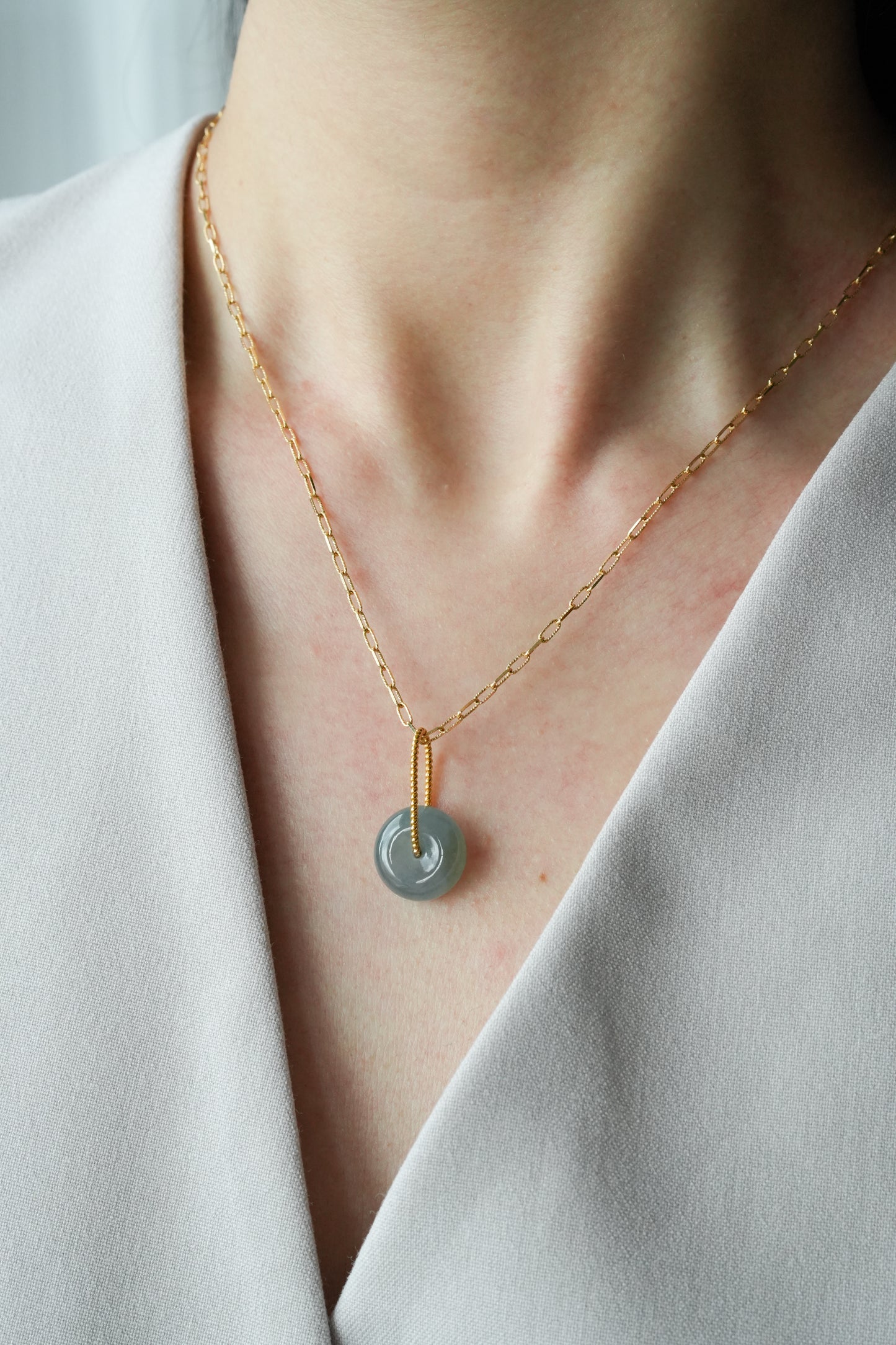#0452 "Bi" Highly Icy Blue Jadeite Jade Donut 18K Yellow Gold Pendant