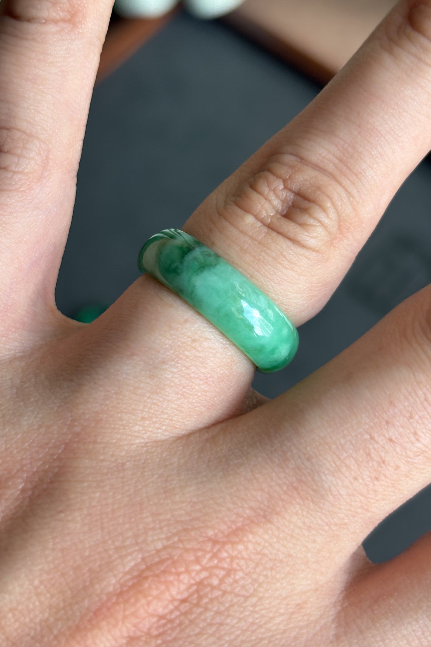 #R0605 Vivid Green Jadeite Jade Band Ring Size 8.25
